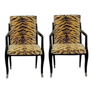 Art Deco Style Black Lacquered Armchairs in Tiger Velvet After Emile-Jacques Ruhlmann - Set of 2 For Sale