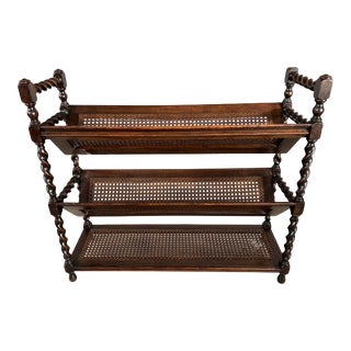 Charming Vintage English Dark Oak Cane Barley Twist 3-Tier Book Through Shelf Bookcase Rack Etagere For Sale