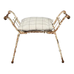 Vintage Rustic Solid Wrought Iron Bench White Cushion French Country Style