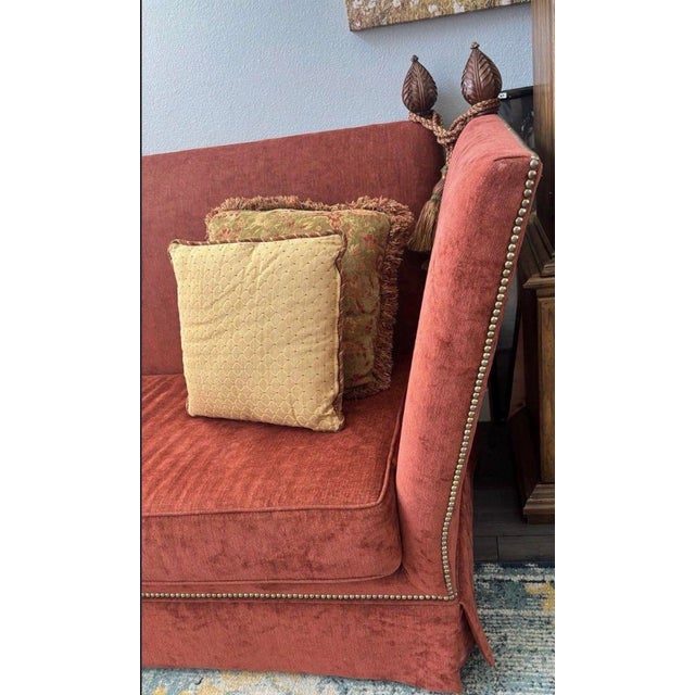 Hollywood Regency Vintage Rust Red Wingback Settee Sofa With Nailhead Trim & Carved Finials For Sale - Image 3 of 12