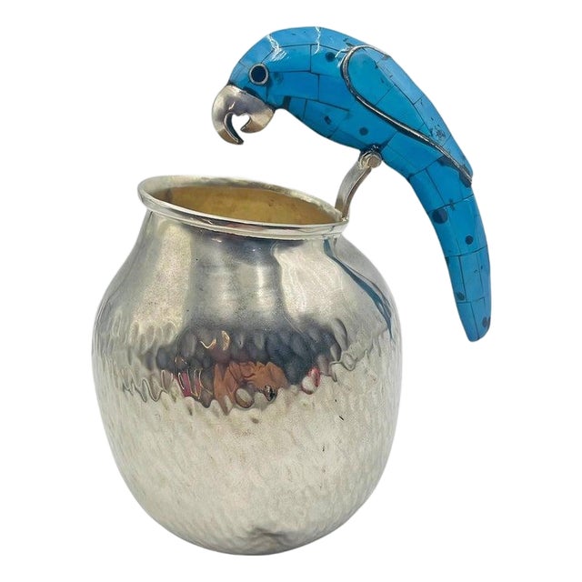1960s Los Fajardo Silver-Plated Pitcher With Blue Stone Inlaid Parrot Handle, Mexico For Sale