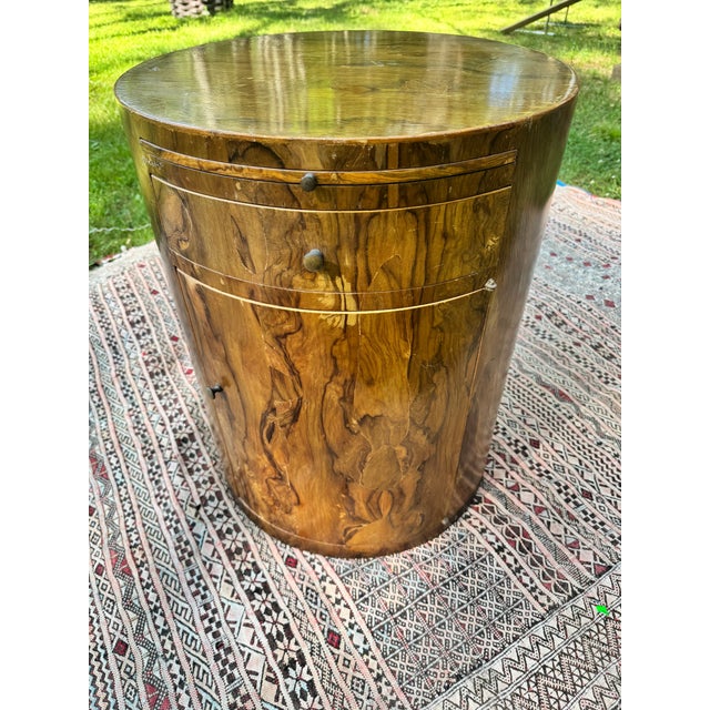 Brown Attributed to William Switzer Postmodern MCM Burl Walnut Drum Table / Nightstand For Sale - Image 8 of 12