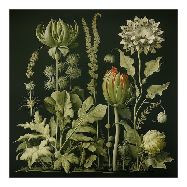 20' X 20' Original Watercolor Botanical Fine Art Print - Dark Green, Unframed For Sale