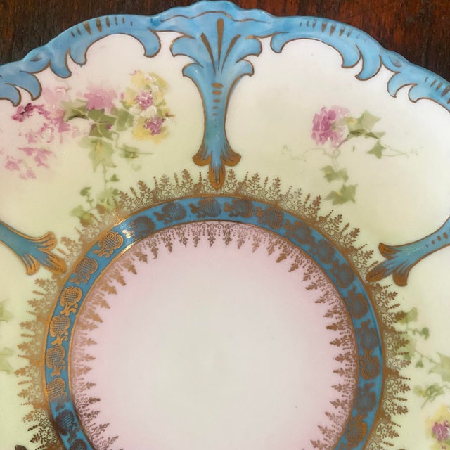 Prussia Plate and Bowl Set Hand Painted Vibrant Blue Border With Gold Accents For Sale - Image 4 of 16