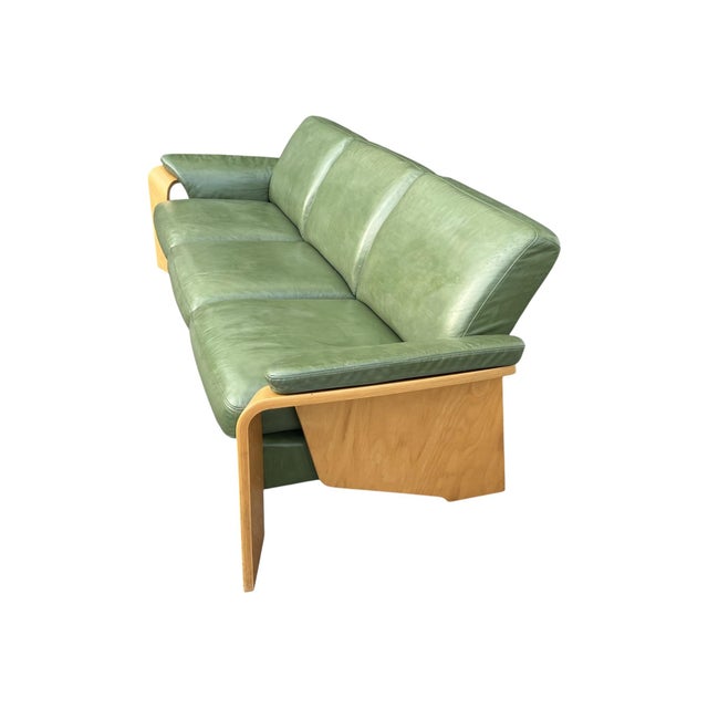 1960s Ekornes Scandinavian Modern Olive Green Leather Sofa With Sculptural Bentwood Frame For Sale - Image 15 of 15