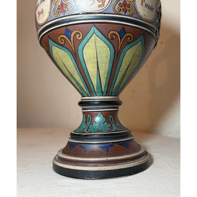 Huge Antique Handmade Armorial German Painted Pottery Beer Pitcher Stein Ewer For Sale - Image 9 of 18