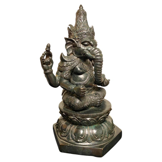 Antique Bronze Ganesha Statue Khmer Style Hindu 4-Arm Elephant God Sculpture For Sale - Image 4 of 18