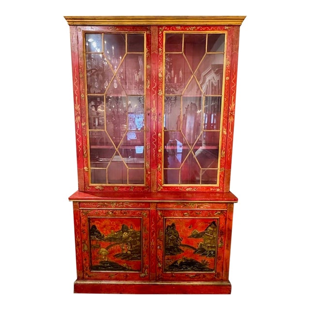 Red Chinouserie Display Cabinet For Sale