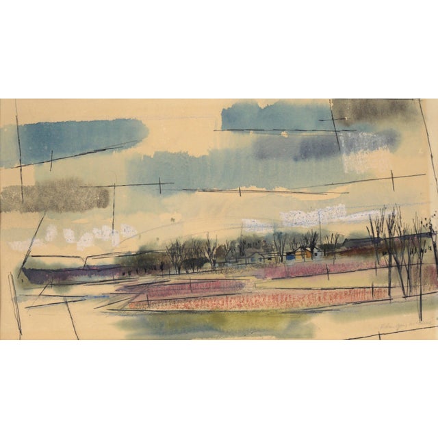 Mid Century Modern Farmhouse Landscape in Watercolor and Ink on Paper Bright, modern landscape by Robin Gay McCline...