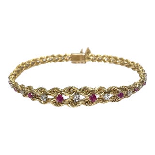 Vintage 14k Yellow Gold Ruby & Diamond Graduating Rope Bracelet For Sale
