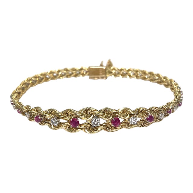Vintage 14k Yellow Gold Ruby & Diamond Graduating Rope Bracelet For Sale