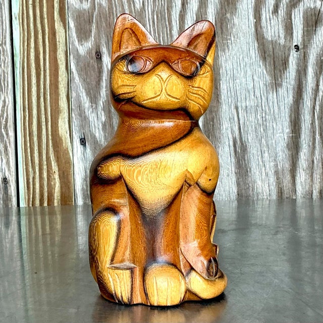 Vintage Boho Carved Wood Cat For Sale - Image 4 of 8