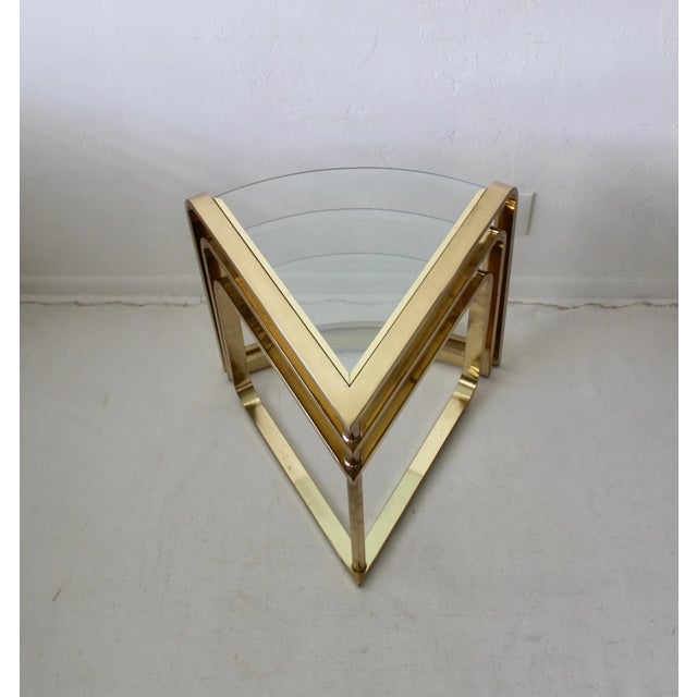 1980s Fan Nesting Table by Design Institute of America Three Tier Brass Flat Bar Glass Expandable For Sale - Image 11 of 12