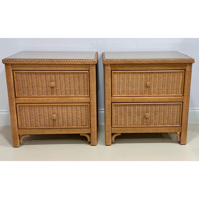 1980s Pair of Henry Link for Lexington Woven Rattan Nightstands With Glass Tops – British Colonial / Palm Beach Style For Sale - Image 5 of 10
