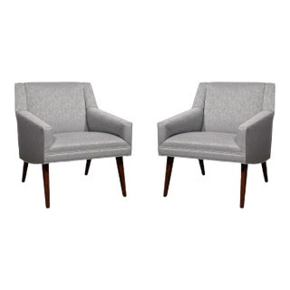 1960s Mid-Century Lounge Chairs in Holly Hunt Fabric & Tapered Hand-Rubbed Walnut Legs - Set of 2 For Sale