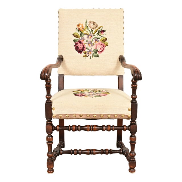 Berkey & Gay Style Antique English Jacobean Carved Walnut Library Chair, Circa 1900 For Sale