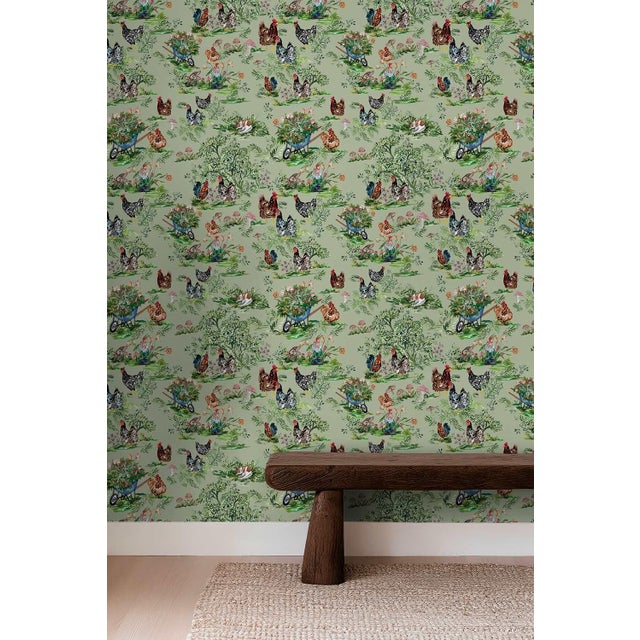Not Yet Made - Made To Order Cluckingham Farm Toile Grasscloth Wallpaper by House Party | Green Grass | 6 Yards For Sale - Image 5 of 9