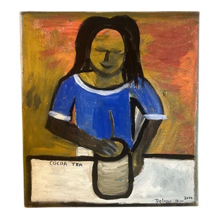 Doliver Morain (1959-), Folk Art Cocoa Tea Painting on Canvas, Signed & Dated For Sale