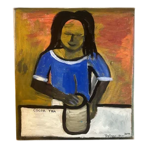 Doliver Morain (1959-), Folk Art Cocoa Tea Painting on Canvas, Signed & Dated