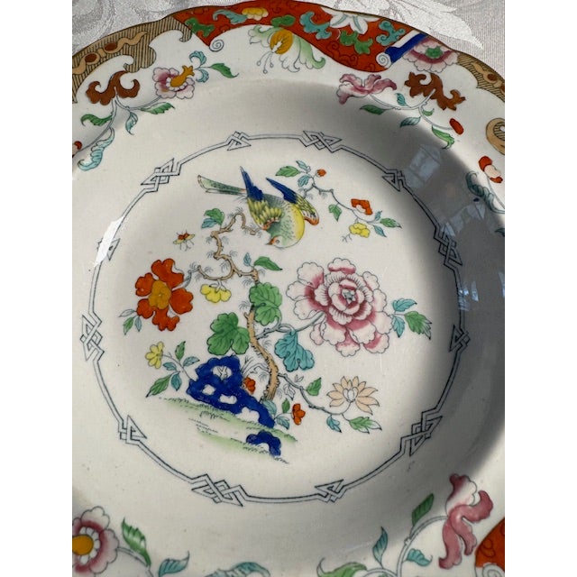Antique Victorian-era (1860s-1870s) Ashworth Bros Dieu et Mon Droit B375 hand-decorated Chinoiserie Rimmed Soup Bowl made...