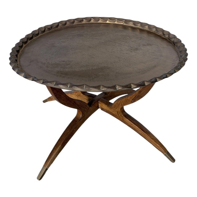 Mid-Century Modern Teak and Brass Spider Leg Coffee Table with Tray Top For Sale