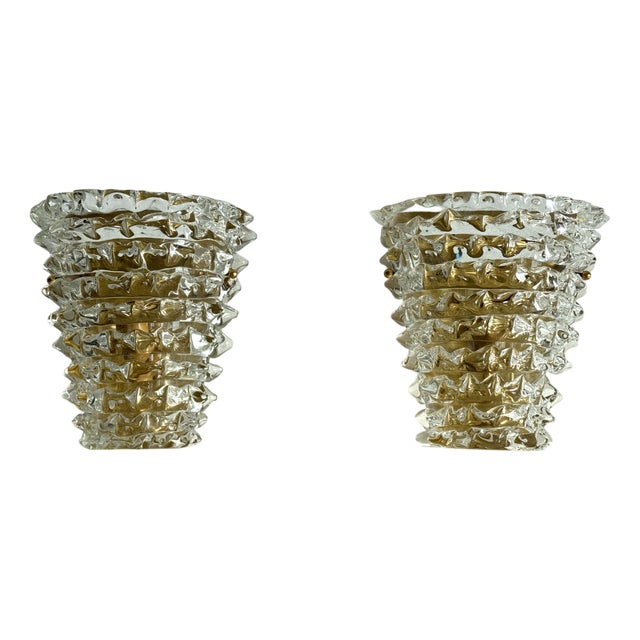 Large Italian Art Deco Style Murano Rostrato Glass and Brass Wall Sconces from Barovier & Toso, 1990s, Set of 2 For Sale