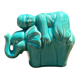 Vintage Asian Glazed Ceramic Elephant and Boy For Sale