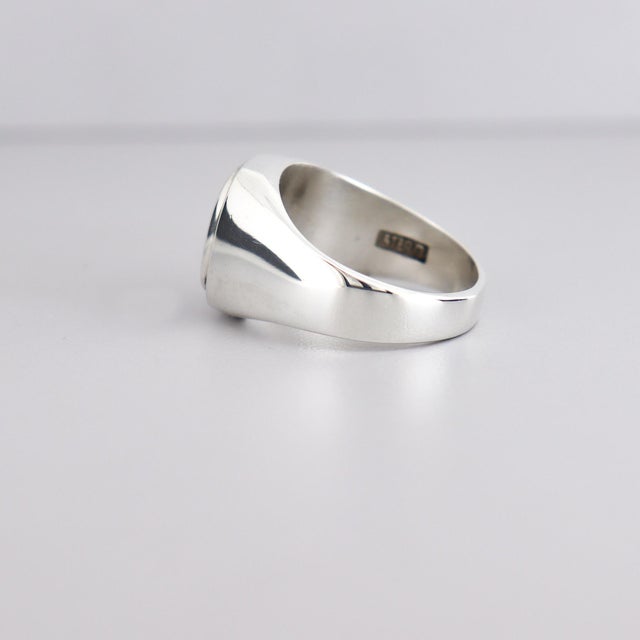 Silver Large Vintage Sterling Silver, Onyx Cabochon, & Diamond Men's Signet Style Ring For Sale - Image 8 of 15