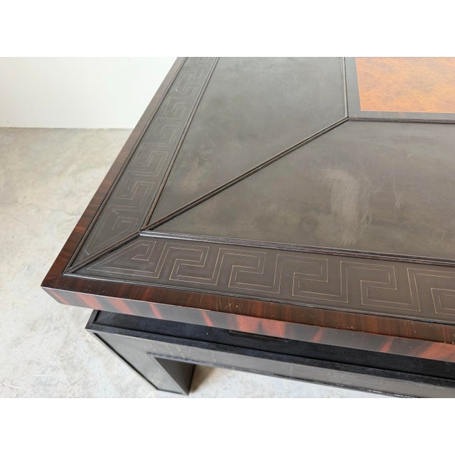 Hollywood Regency Vintage Hollywood Regency Asian-Inspired Greek Key Bronze & Mahogany Square Coffee Table For Sale - Image 3 of 12