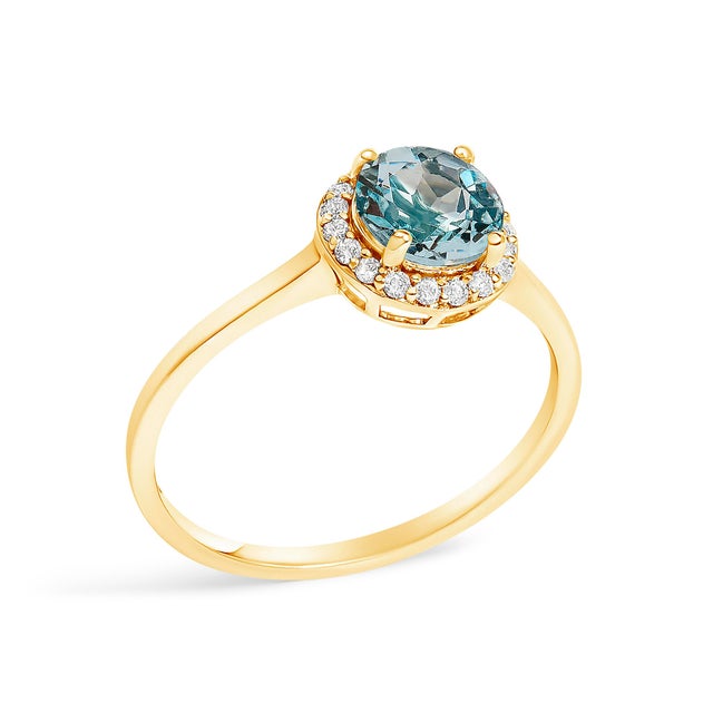 10K Yellow Gold Blue Aquamarine and 1/10 Cttw Diamond Halo Ring, Size 6.5 For Sale - Image 4 of 7