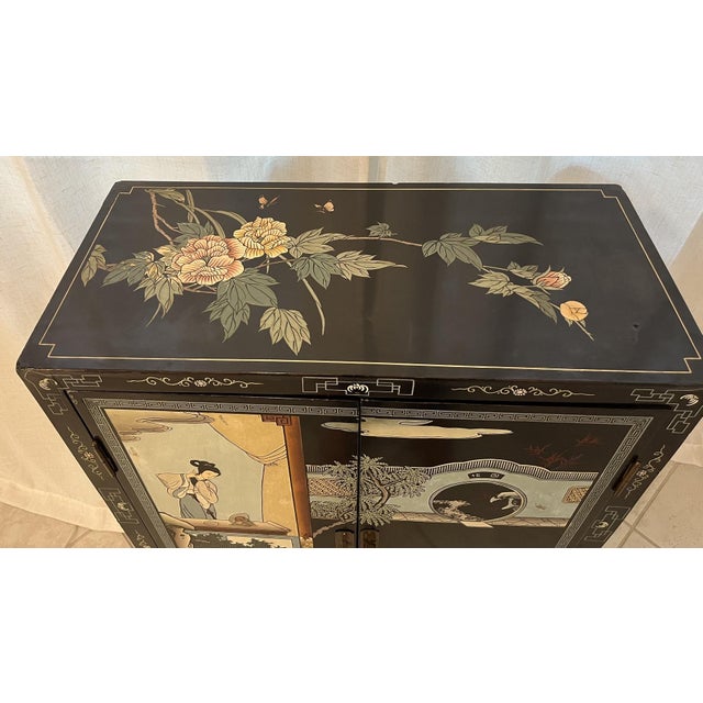 Black Mid-Century Chinese Black Lacquer Cabinet With Mother of Pearl Inlays For Sale - Image 8 of 17