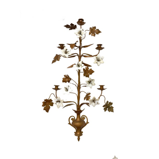 Pair of Late 19th Century French Gilt Metal and Opaline Glass Five-Light Floral Candle Sconces For Sale - Image 4 of 12