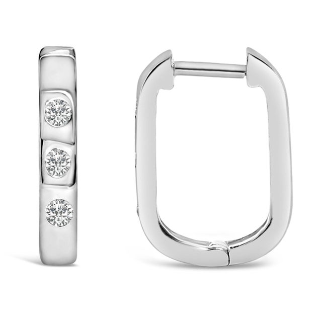 Contemporary 10K White Gold 1/10 Cttw Three Stone Lab Grown Diamond Oval Huggies Hoop Earrings For Sale - Image 3 of 5