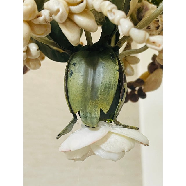 Coastal 1950s Lovely Floral Tole and Sea Shell Candle Pendant Lamp For Sale - Image 3 of 10