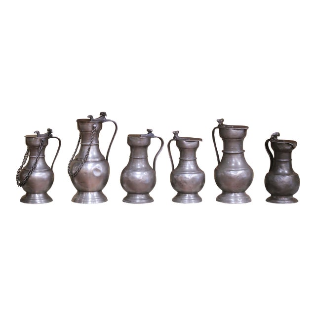 19th Century French Pewter Lidded Measures With Chain Handles, Set of Six For Sale