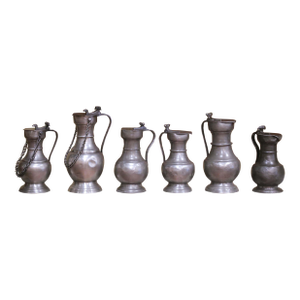 19th Century French Pewter Lidded Measures With Chain Handles, Set of Six