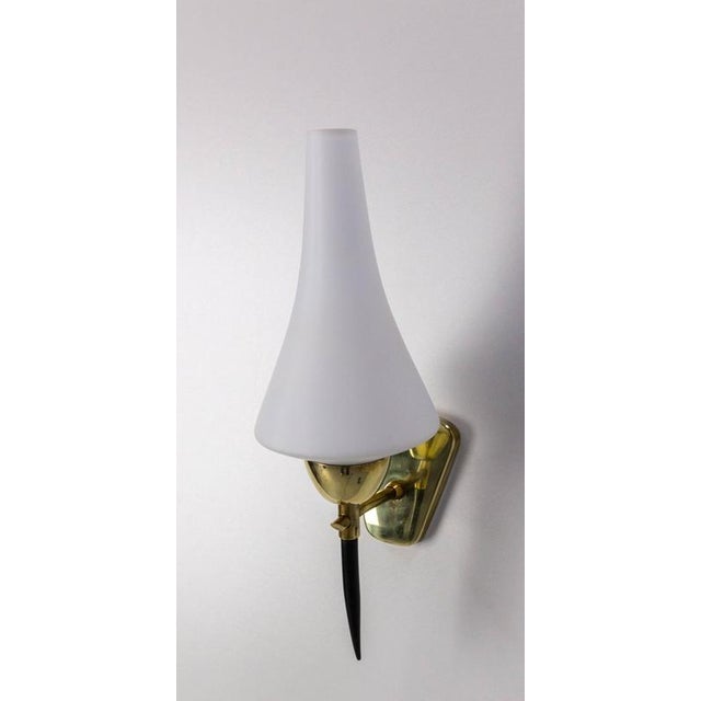 White Glass and Black & Golden Chrome Sconces in the style of Arlus, France, 1950s, Set of 2 For Sale - Image 11 of 12