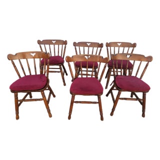 Swiss-American Tell City Pub Chairs in Solid Hard Rock Maple Dining Chairs. Set of Six With Red /Maroon Cushions. For Sale