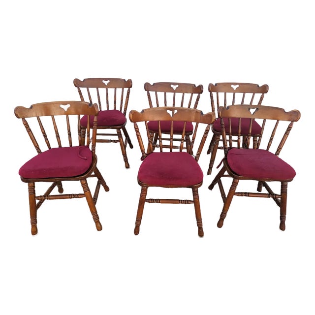 Swiss-American Tell City Pub Chairs in Solid Hard Rock Maple Dining Chairs. Set of Six With Red /Maroon Cushions. For Sale