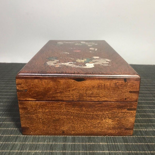 Vintage Chinese Rosewood Box With Mother of Pearl "Two Dragons" Inlay For Sale In Los Angeles - Image 6 of 9