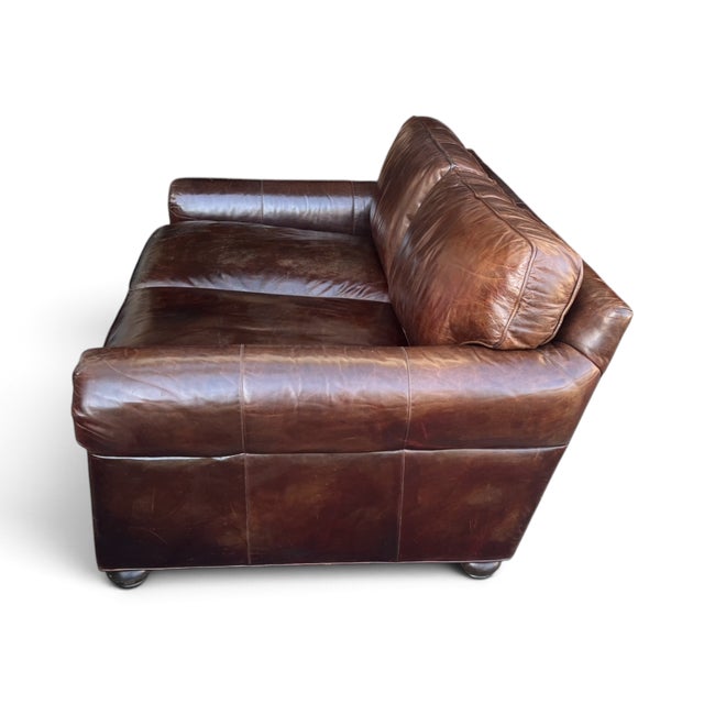 Brown Restoration Hardware Brown Leather Two-Cushion Sofa With Rolled Arms and Bun Feet For Sale - Image 8 of 14