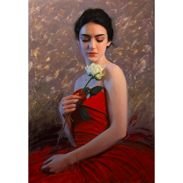 The painting depicts a serene figure adorned in a vibrant red dress, holding a single white rose delicately. The soft,...