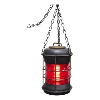 Antique Durkee Marine Ship Lantern Fixture Red Fresnel Pendant Chandelier (A) For Sale