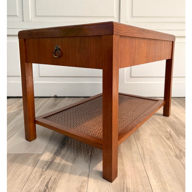 Wood 1960s Walnut-Toned Side Table With Geometric Openwork Shelf For Sale - Image 7 of 14