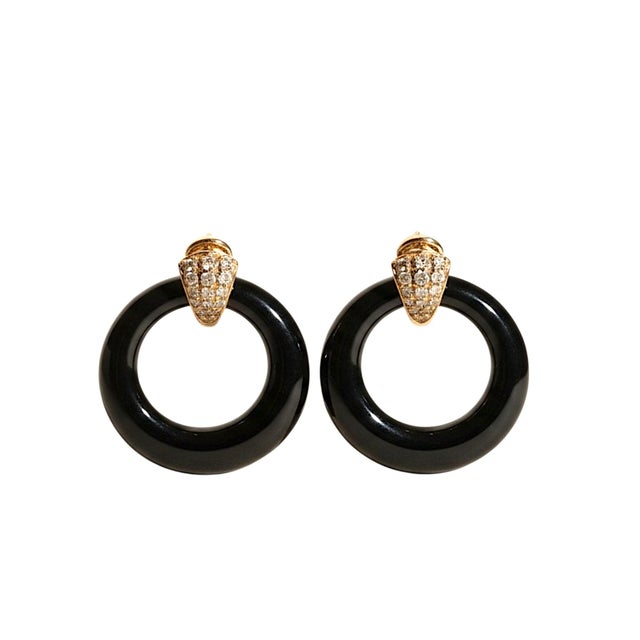 14k Yellow Gold Turquoise & Black Onyx Diamond Door Knocker Earrings, A Pair For Sale In New York - Image 6 of 9