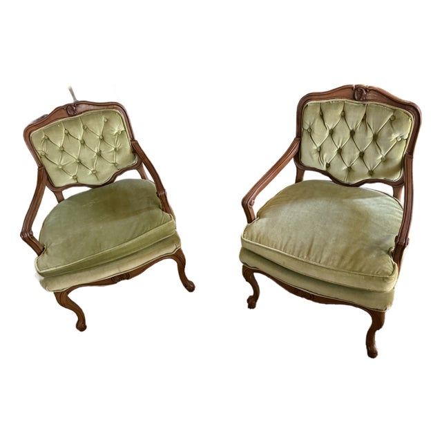Mid 20th Century Pair French Louis XV Tufted Green Velvet Armchairs For Sale