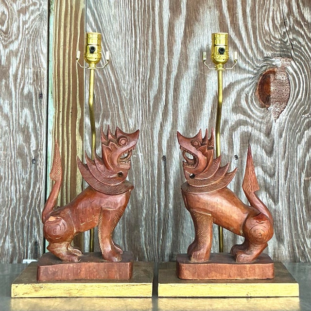 Wood Vintage Boho Carved Wood Lion Lamps - a Pair For Sale - Image 7 of 7