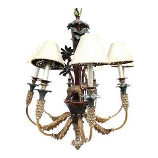 Monumental Vintage Maitland Smith Tropical Regency Brass Palm Tree Elephant, Giraffe Chandelier For Sale