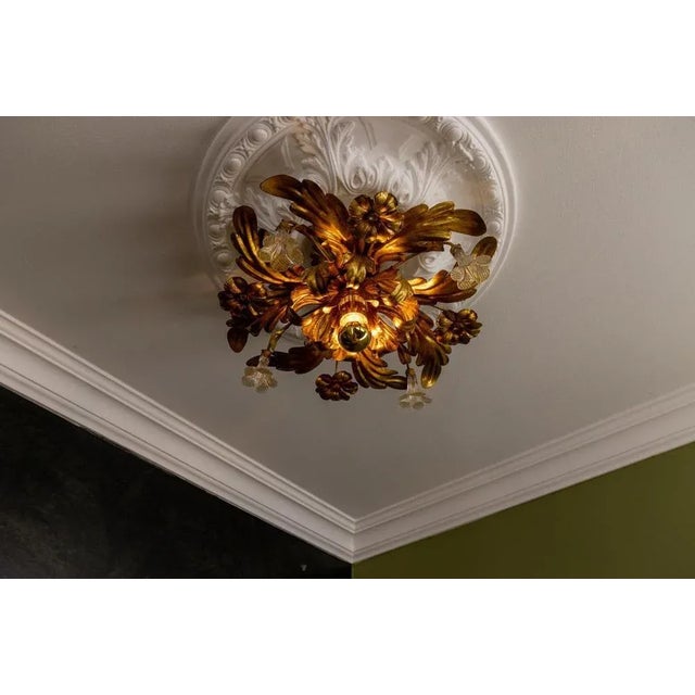 Italian Hollywood Regency Gilt Metal and Glass Flower Ceiling Light, 1970s For Sale - Image 9 of 18