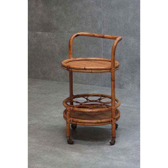 Mid-Century Italian Bamboo and Rattan Round Bar Cart, 1960s For Sale - Image 9 of 9